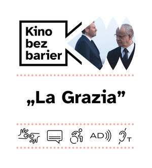 Kolorowa grafika z napisem Kino bez barier. Kolorowe zdjęcie z filmu. Dwaj mężczyźni w garniturach. Starszy mężczyzna jest zamyślony. Wygląda na zmartwionego. Młodszy mężczyzna stoi za nim, patrzy w dal.