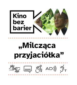 Kolorowa grafika z napisem Kino bez barier. Kolorowy kadr z filmu. Dojrzały mężczyna stoi pod drzewem i dotyka jego liści. Ikony dostępności: PJM, napisy, dostępność dla osób na wózku, audiodeskrypcja, pętla indukcyjna.
