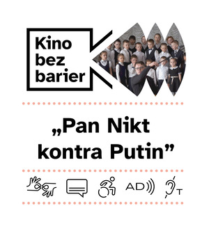 Kolorowa grafika z napisem Kino bez barier. Kolorowy kadr z filmu. Kolorowe zdjęcie. Nauczyciel z grupą uczniów w galowych strojach. Ikony dostępności: PJM, napisy, dostępność dla osób na wózku, audiodeskrypcja, pętla indukcyjna.
