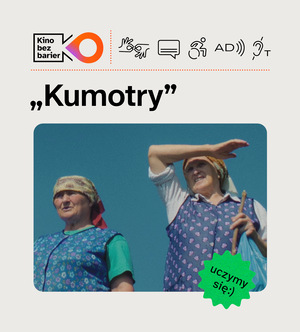 Kolorowa grafika Kina bez barier. Kolorowe zdjęcie. Dwie starsze kobiety patrzą w stronę słońca. Słońce je oślepia. Ubrane są w niebieskie fartuszki. W tle bezchmurne niebo. Nad nimi ikony: napisy, pętla indukcyjna, AD, PJM.