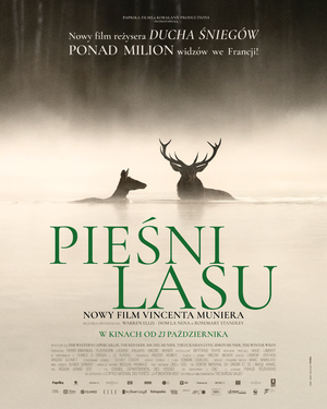 Plakat filmu w kolorze sepii. Z jeziora wyłaniają się sylwetki jelenia i łani. Za nimi unosi się para.