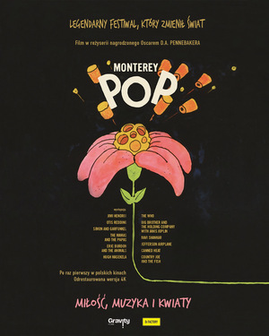 Kolorowa grafika. Na czarnym tle rysunek kwiatka, z którego wyskakują nasiona. Powyżej biały napis Monterey Pop.