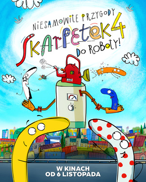 Kolorowy plakat filmu animowanego. Rysunek robota w kształcie walca z czajnikiem na głowie, który wypluwa skarpetki. Dwie skarpetki patrzą na niego z oddali.