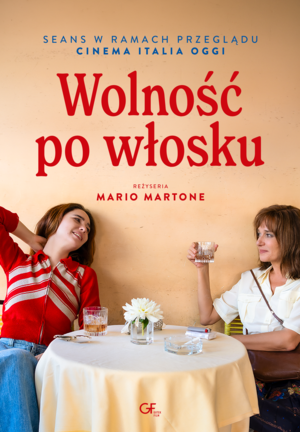 Kolorowy plakat. Dwie kobiety siedzą przy stoliku i piją kawę.
