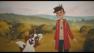 Kadr z filmu animowanego. Chłopiec i pies stoją obok siebie.