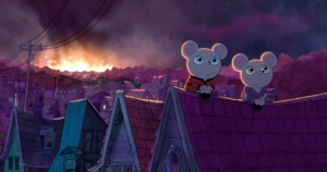 Kadr z filmu animowanego. Dwie myszy siedzą na dachu.