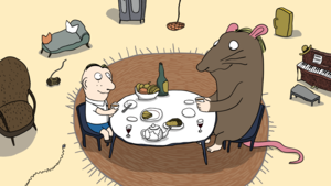 Kadr z filmu animowanego. Mysz siedzi przy stole z chłopcem.