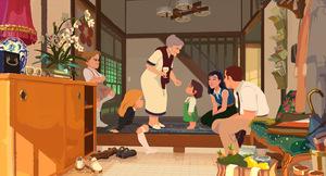 Kadr z filmu animowanego na którym widać pięć osób w różnym wieku