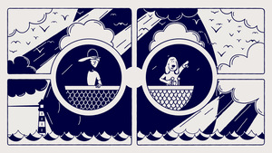 Kadr z filmu. Grafika przedstawiająca morze i dwa okręgi, w których widać psa i człowieka, który coś wypatruje.