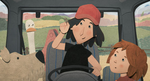 Kadr z filmu animowanego. Dwie osoby, pies i ptak siedzą w pojeździe.