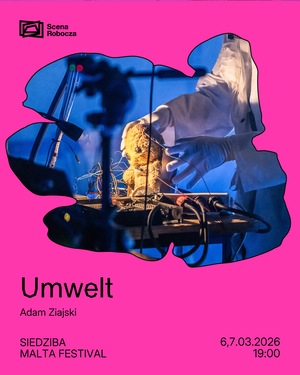 Różowa grafika z czarnymi napisami promująca spektakl &amp;amp;quot;Umwelt&amp;amp;quot;. Na środku znajduje się ramka o nieregularnym kształcie ze zdjęciem ze spektaklu.