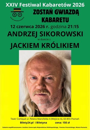 Afisz koncertu Andrzeja Sikorowskiego przedstawiający zdjęcie artysty i teksty informujące o wydarzeniu
