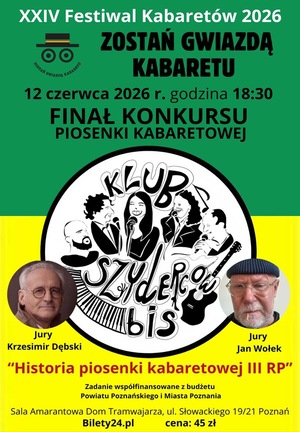 Grafika promocyjna. Zdjęcia jurorów i logo Klubu Szyderców BIS plus napisy informujące o koncercie