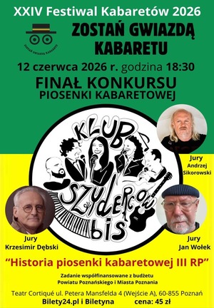 Grafika promocyjna. Zdjęcia jurorów i logo Klubu Szyderców BIS plus napisy informujące o koncercie