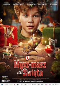 Grafika reklamowa - przedstawia chłopca z prezentami i animowanymi myszami