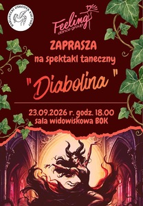 Grafika reklamowa - plakat przedstawia postać bajkowej Diaboliny na bordowym tle z napisami.