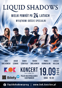 Plakat koncertu zespołu Liquid Shadows. Fotografia sześciu muzyków grających na scenie. Zapowiada koncert „Pełen niespodzianek i wspomnień”, który odbędzie się 19 września 2026 roku o godz. 18:30 w sali kinowej KOK.