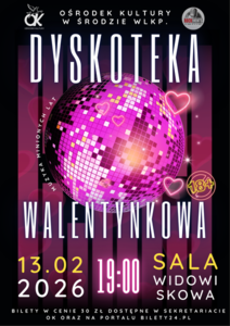 Plakat gyskoteka walentynkowa 2026