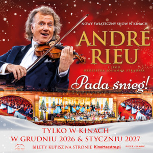 Świąteczny plakat „André Rieu – Pada śnieg!”. Skrzypek w smokingu, orkiestra i tancerze na udekorowanej scenie. Czerwone tło i padający śnieg. W kinach w grudniu 2026 i styczniu 2027.
