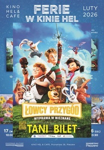 Plakat z tekstem: Wyprawa w Nieznane oraz tytułem: Łowcy Przygód. Teksty na rysunku dzieci i zwierzaków stojących na łące na tle błękitnego nieba.