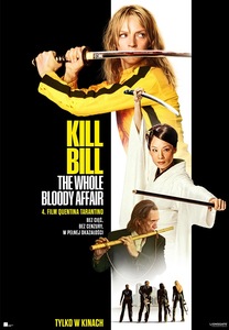 Plakat podzielony w połowie i w pionie na czarne i białe tło. Teksty na lewym czarnym tle wraz z tytułem: Kill Bill The Whole Bloody Affair. 4 film Quentina Tarantino. Bez Cięć, Bez cenzury, w pełnej okazałości. W białej części fotki bohaterów filmu.