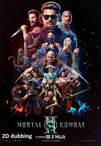 Plakat z tytułem: Mortal Kombat II. Tekst na tle grafiki na której są przedstawieni wszyscy bohaterowie filmu w strojach. W tle widnieje kosmiczna czerń i widoczne są gwiazdy.