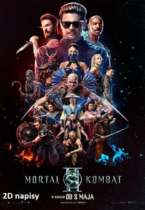 Plakat z tytułem: Mortal Kombat II. Tekst na tle grafiki na której są przedstawieni wszyscy bohaterowie filmu w strojach. W tle widnieje kosmiczna czerń i widoczne są gwiazdy.