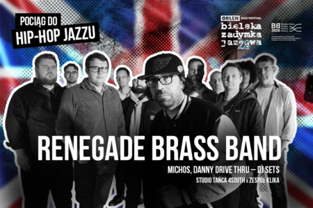 Plakat zespołu Renegade Brass Band reklamujący koncert Bielskiej Zadymki Jazzowej.