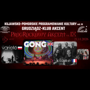 Na afiszu znajdują się cztery zdjęcia zespołów, które wystapią podczas wydarzenia. U góry umiejscowiony jest napis KUJAWSKO-POMORSKIE PROGRAMOWANIE KULTURY, a tuż pod nim napis PROGROCKOWY AKCENT