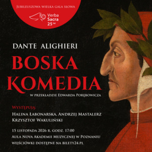 Portret Dante' go namalowany przez Sandro Botticellego. Poeta ujęty z profilu, zapatrzony w dal, ubrany w czerwony płaszcz z wieńcem laurowym na głowie.