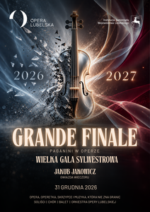 Grafika przedstawiająca skrzypce na czerwono-niebieskim tle