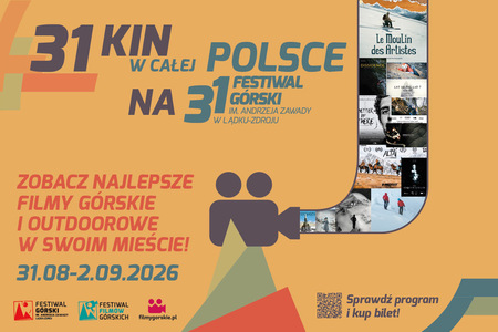 Plakat Festiwalu Górskiego w Kinach 2026 z motywem górskim oraz informacją o pokazach filmów w Kinie Studenckim Niebieski Kocyk w ACKiS Od Nowa w Toruniu.