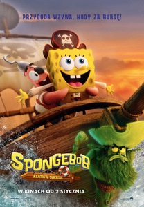 Grafika reklamowa przedstawiająca plakat do filmu SpongeBob: Klątwa pirata.