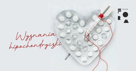 Pudełko tabletek w kształcie serca przebity igłą. Tytuł &amp;amp;amp;quot;Wyznania hipochondryczki&amp;amp;amp;quot;
