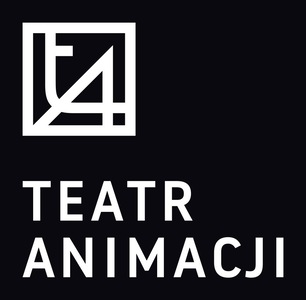Grafika reklamowa. Biały logotyp Teatru Animacji na czarnym tle.