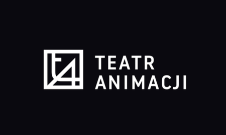 Biały logotyp Teatru Animacji na czarnym tle.