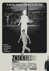 Plakat filmu „Zniknięcie (Spoorloos)” – thrillera psychologicznego George’a Sluizera (1988), prezentowana w Kino Rialto w Poznaniu. Czarnobiały plakat z sylwetką zaginionej kobiety i mężczyzną oraz cytatem Stanleya Kubricka.