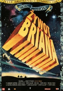 W kosmicznej scenerii ogromny, złoty napis „Life of Brian” układa się w kształt schodów lecących w przestrzeni. Nad nim wstęga z napisem „Monty Python”. Na dole sylwetki trzech postaci na tle horyzontu, po bokach kolaż twarzy członków grupy.
