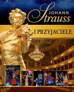 Złoty pomnik uśmiechniętego skrzypka. W tle sala teatralna rozświetlona żyrandolem. U dołu rząd kolorowych zdjęć z występów: muzycy, tancerze i inni artyści.