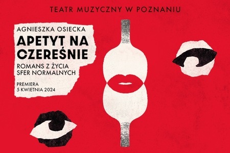 Kolaż z białymi paletkami do gry w tenisa stołowego przypominającymi czereśnie na czerwonym tle. W miejscu ich styku kształt ust. Po lewej i prawej stronie piłeczki przypominające oczy. Napisy informujące o wydarzeniu.