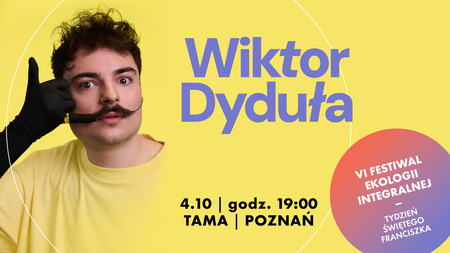 Grafika reklamowa: wąsaty młodzieniec w żółtej koszulce z ręką przy twarzy - gest sugeruje rozmowę przez telefon. Żółte tło, fioletowe i czarne napisy.
