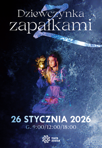 Dziewczynka w różowej sukience trzyma w dłoni palącą się zapałkę. Granatowe tło, białe napisy informujące o wydarzeniu.