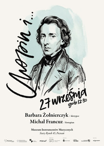 Rysunkowy portret Fryderyka Chopina - czarne kontury na miętowym tle. Czarne, odręczne napisy informujące o wydarzeniu.