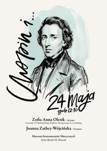 Rysunkowy portret Fryderyka Chopina - czarne kontury na miętowym tle. Czarne, odręczne napisy informujące o wydarzeniu.