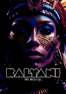 Częściowo oświetlona twarz z etnicznym makijażem. U dołu biały napis - tytuł spektaklu.