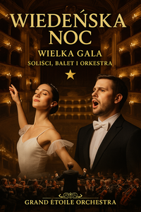 Baletnica i śpiewak operowy na tle ciepłych świateł wnętrza teatralnej sali. U góry żółty napis - nazwa wydarzenia.