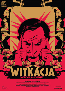 Plakat spektaklu - czerwono-czarny rysunkowy portret zamyślonego Witkacego otoczony żółtymi ornamentami.