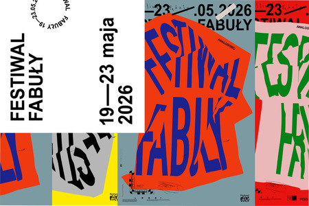 Na grafice widocznych jest wiele wersji plakatu Festiwalu Fabuły. Dominują intensywne kolory: żółty, czerwony, zielony. Na plakacie widoczna zgięta kartka papieru i napis Festiwal Fabuły oraz daty 19-23.05.2026.
