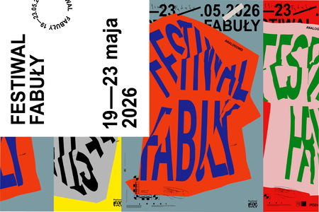 Na grafice widocznych jest wiele wersji plakatu Festiwalu Fabuły. Dominują intensywne kolory: żółty, czerwony, zielony. Na plakacie widoczna zgięta kartka papieru i napis Festiwal Fabuły oraz daty 19-23.05.2026.