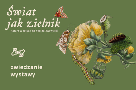 Oliwkowe tło z ilustracją nawiązującą do dawnych rycin przyrodniczych. Na niej żółty kwiat, liście, gąsienice i motyle. U góry tytuł Świat jak zielnik. Natura w sztuce od XVII do XXI wieku. U dołu napis zwiedzanie wystawy i znak tłumaczenia PJM